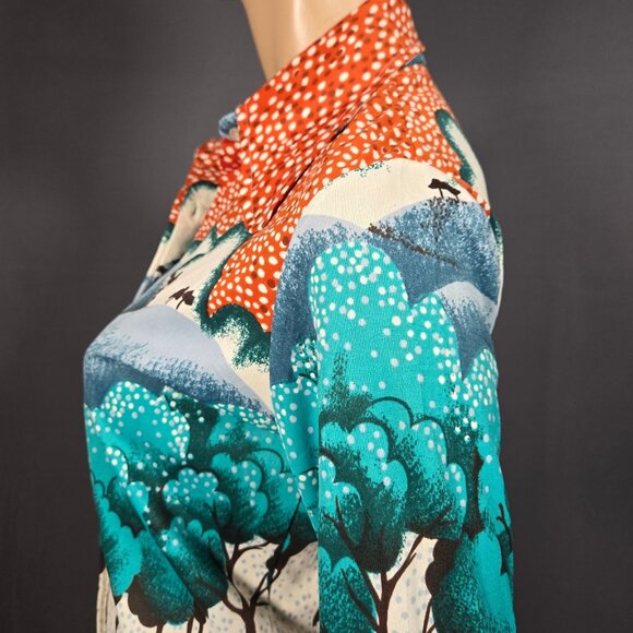 Vintage 70s Landscape Trees Novelty Print Button Up Shirt Dagger Collar Size M - Picture 6 of 11